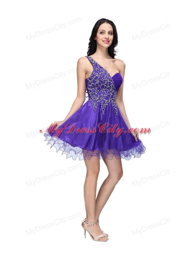 A-line Purple One Shoulder Beading Tulle Prom Dress