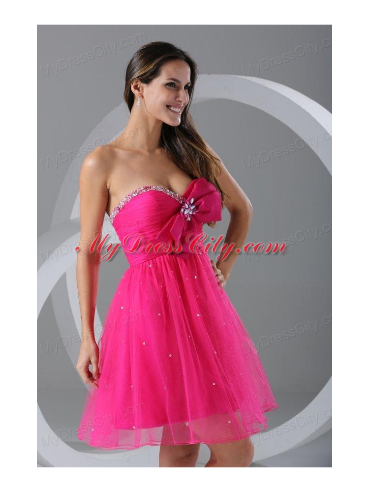 A-line Sweetheart Hot Pink Beading and Ruching Knee-length Prom Dress