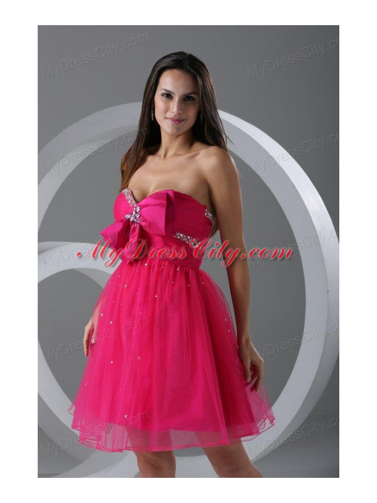 A-line Sweetheart Hot Pink Beading and Ruching Knee-length Prom Dress