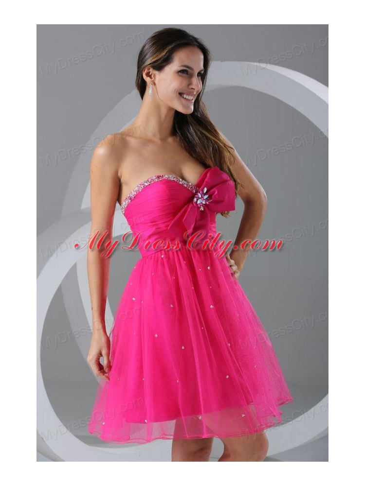 A-line Sweetheart Hot Pink Beading and Ruching Knee-length Prom Dress