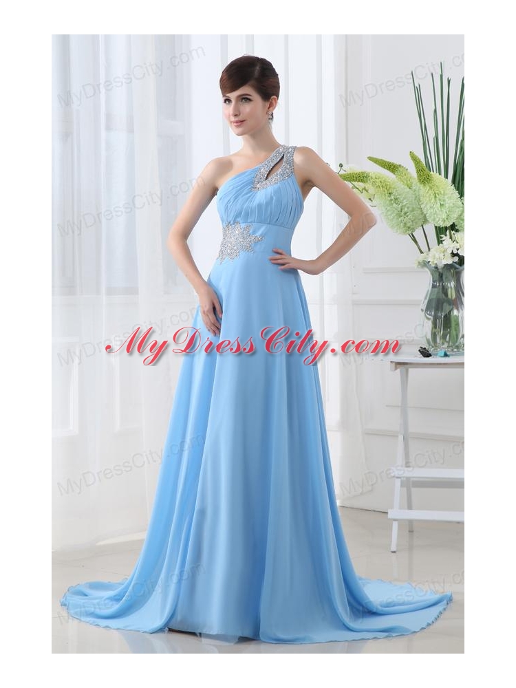 Aqua Blue One Shoulder Beading and Ruching Court Train Prom Dress