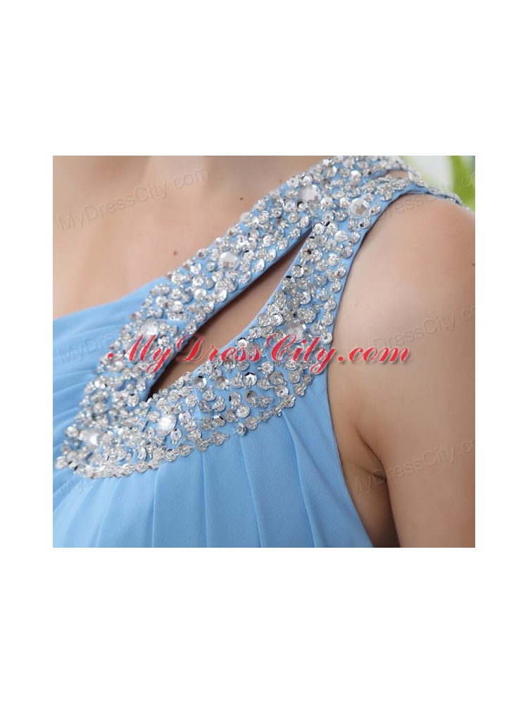 Aqua Blue One Shoulder Beading and Ruching Court Train Prom Dress