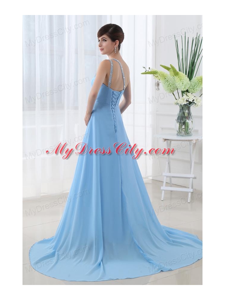 Aqua Blue One Shoulder Beading and Ruching Court Train Prom Dress