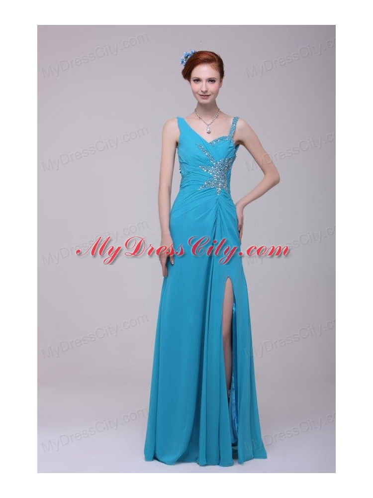 Asymmetrical Beading and High Silt Chiffon Prom Dress in Teal