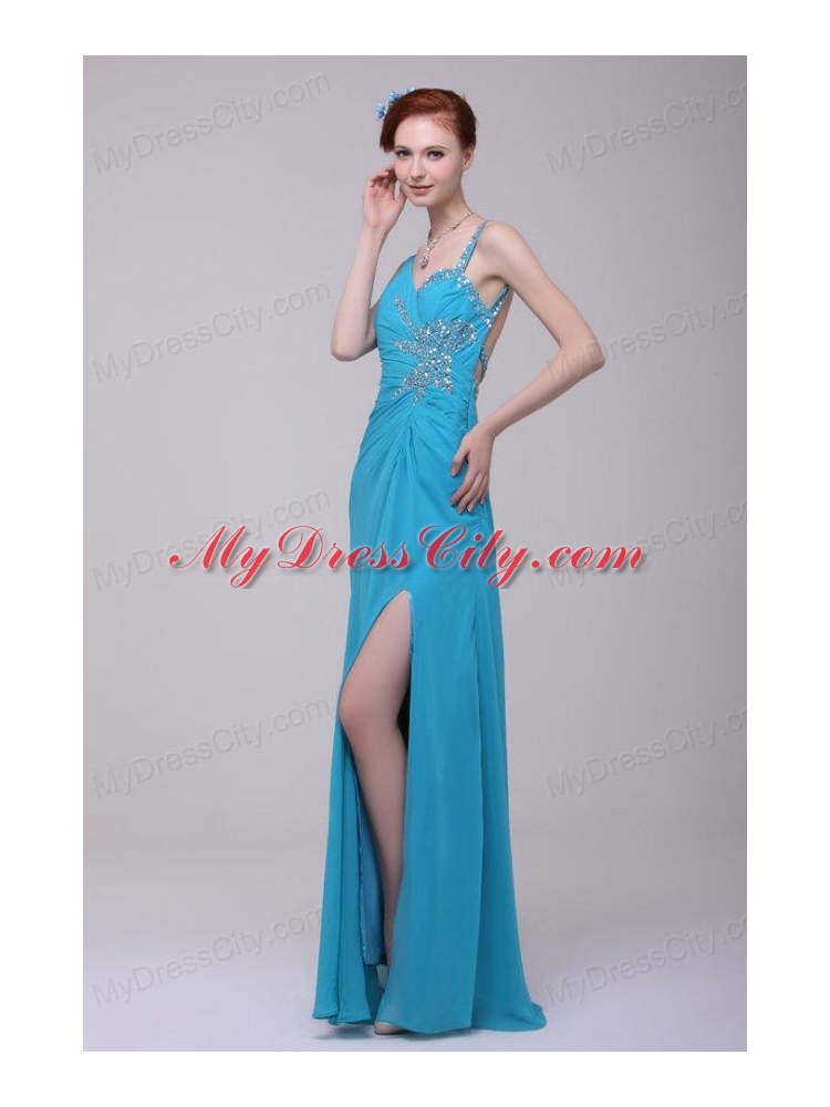 Asymmetrical Beading and High Silt Chiffon Prom Dress in Teal