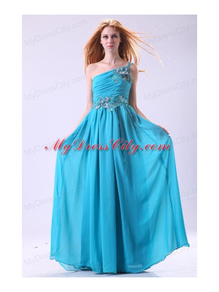 Blue Empire Appliques One Shoulder Beading Chiffon 2014 Prom Dress