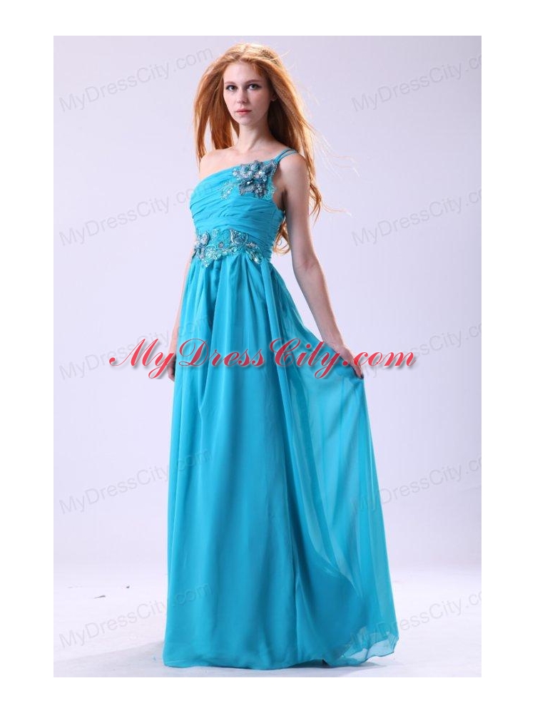 Blue Empire Appliques One Shoulder Beading Chiffon 2014 Prom Dress