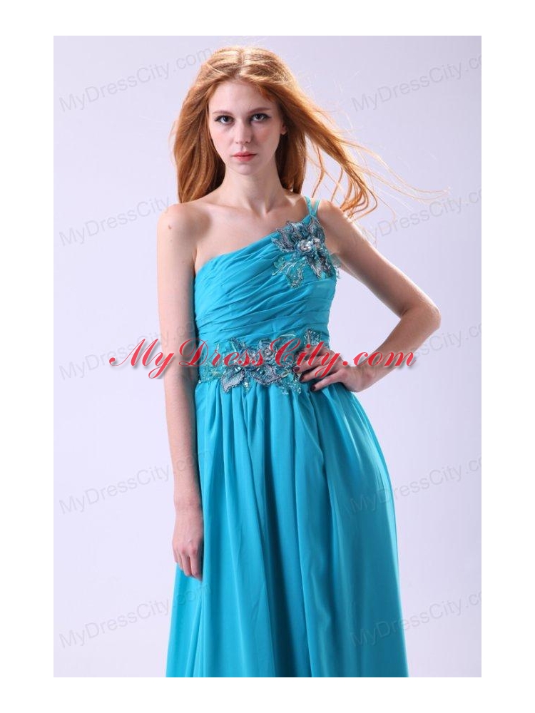 Blue Empire Appliques One Shoulder Beading Chiffon 2014 Prom Dress