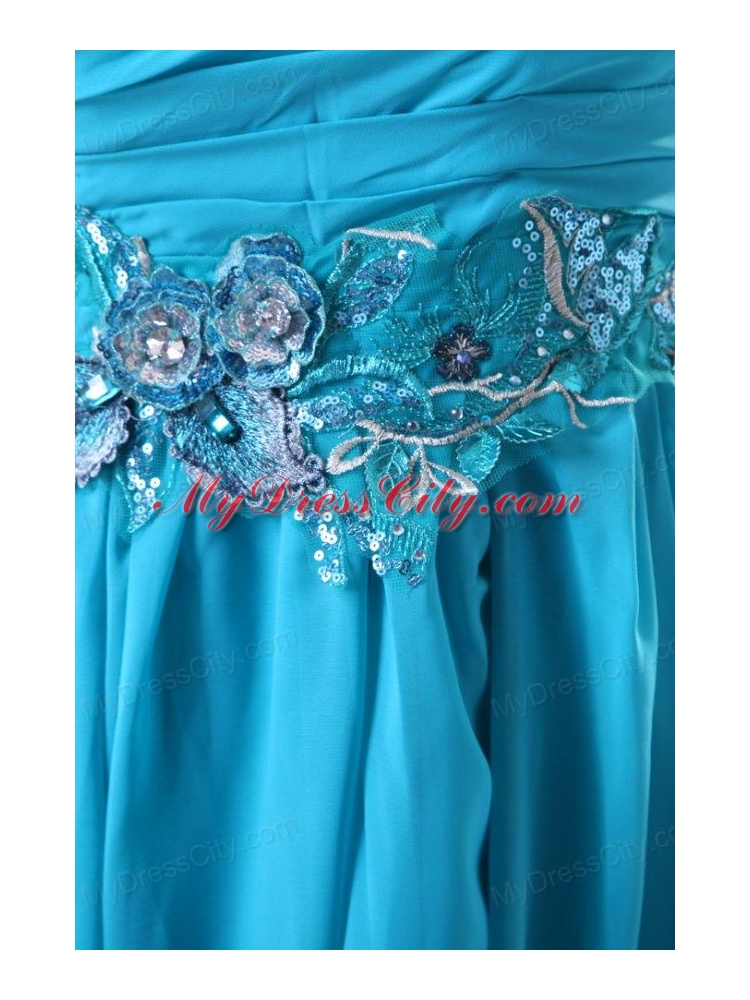 Blue Empire Appliques One Shoulder Beading Chiffon 2014 Prom Dress