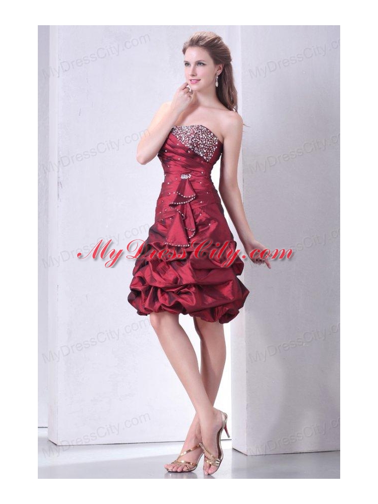 Burgundy A-line Strapless Prom Dress with Beading and Pick-ups