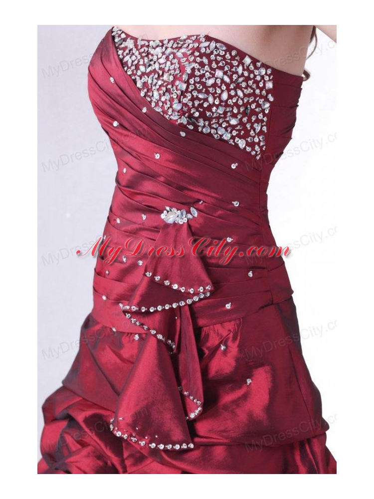 Burgundy A-line Strapless Prom Dress with Beading and Pick-ups