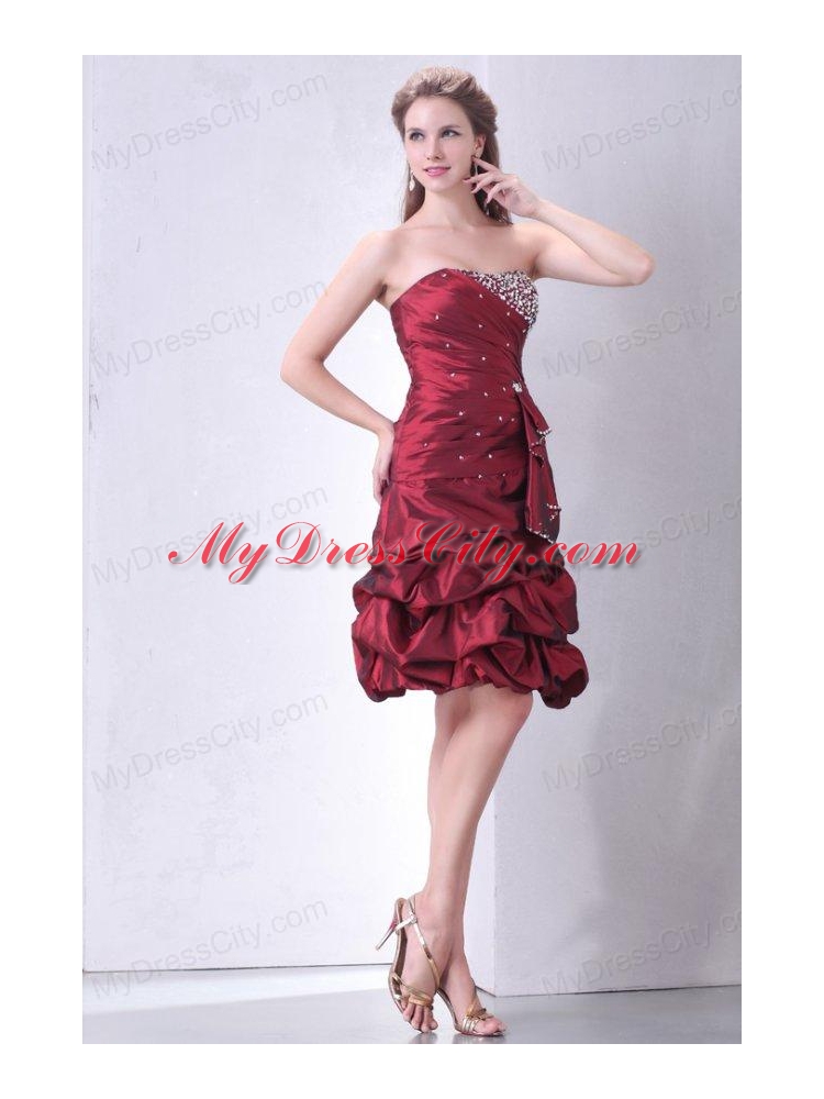 Burgundy A-line Strapless Prom Dress with Beading and Pick-ups