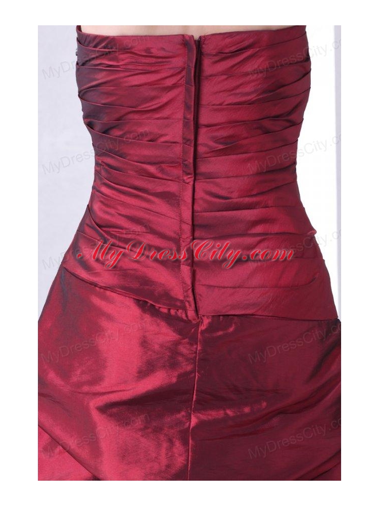 Burgundy A-line Strapless Prom Dress with Beading and Pick-ups