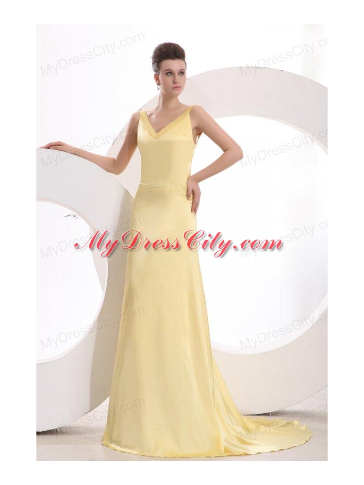 Champagne Column V neck Criss Cross Ruching Prom Dress with Brush Train