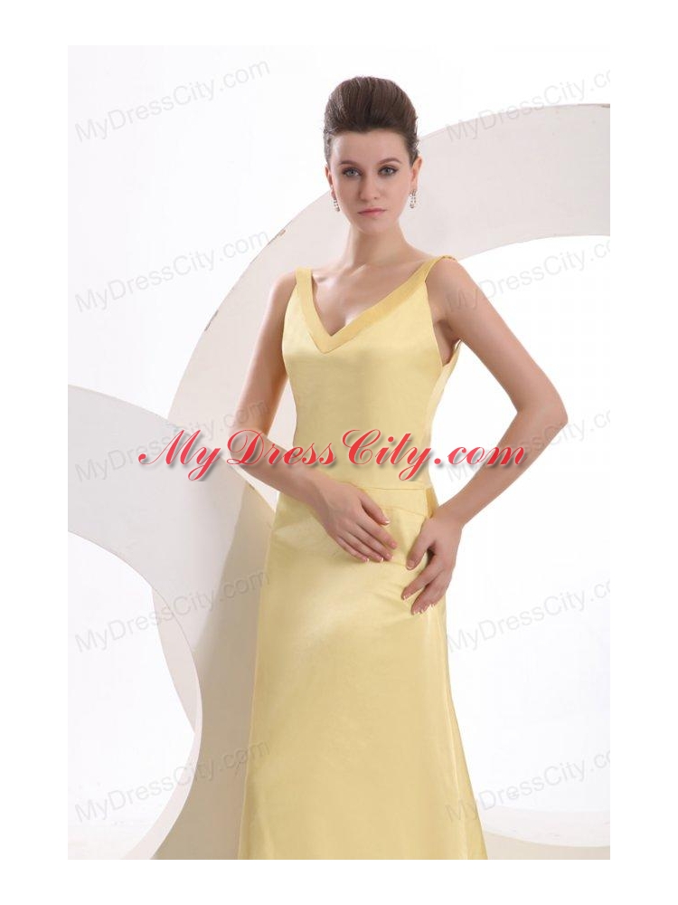 Champagne Column V neck Criss Cross Ruching Prom Dress with Brush Train