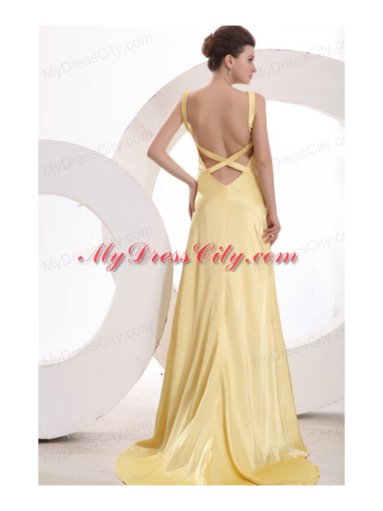 Champagne Column V neck Criss Cross Ruching Prom Dress with Brush Train