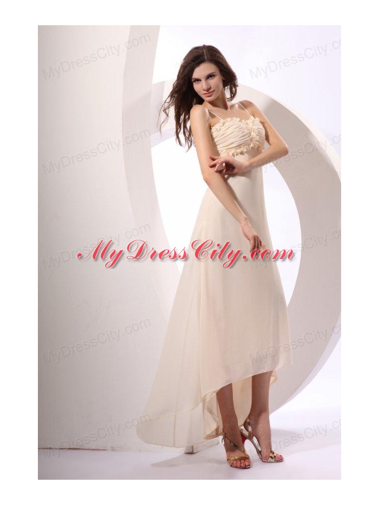 Champagne Straps High-low Empire Chiffon Hand Made Flowers Prom Dress