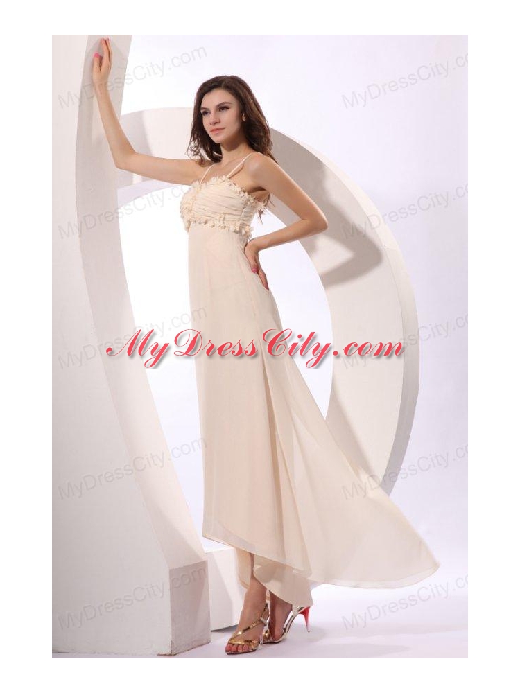 Champagne Straps High-low Empire Chiffon Hand Made Flowers Prom Dress