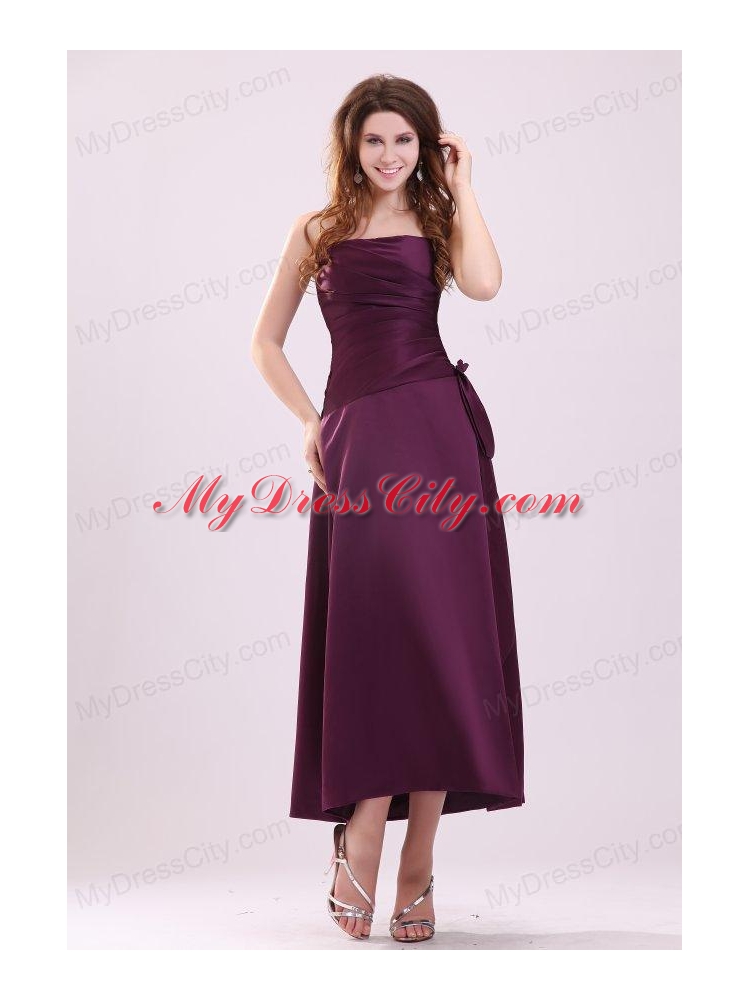 Cheap A-Line Strapless  Ankle-length Purple Ruching Prom Dress