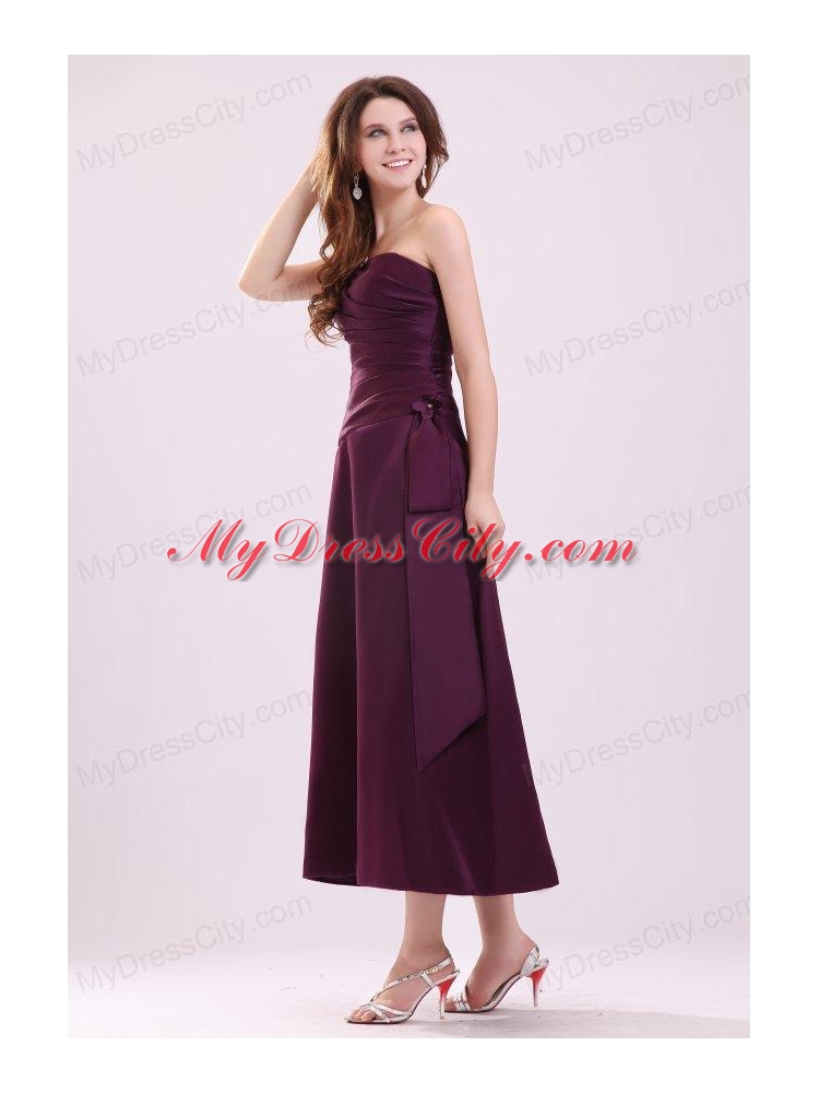 Cheap A-Line Strapless  Ankle-length Purple Ruching Prom Dress