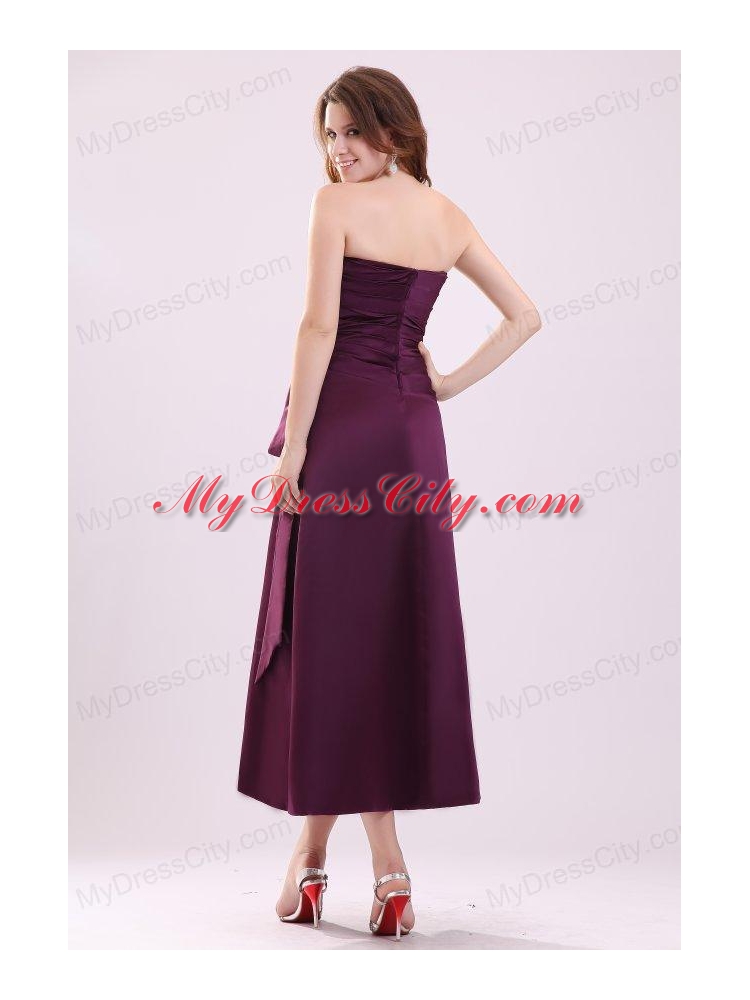 Cheap A-Line Strapless  Ankle-length Purple Ruching Prom Dress