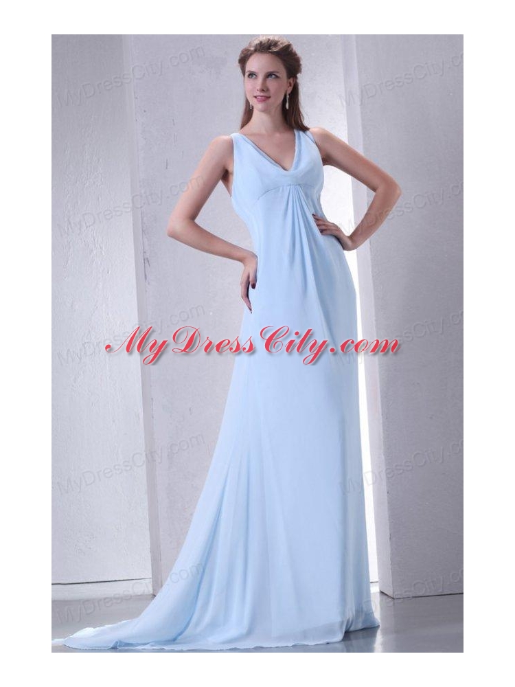 Cheap Empire V-neck Light Blue Prom Dress with Ruching