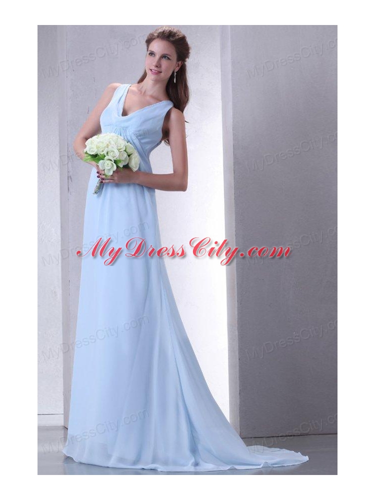 Cheap Empire V-neck Light Blue Prom Dress with Ruching