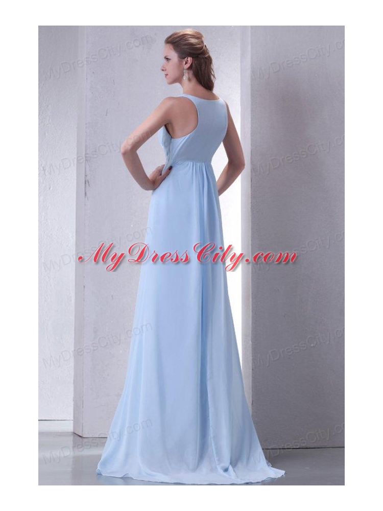 Cheap Empire V-neck Light Blue Prom Dress with Ruching