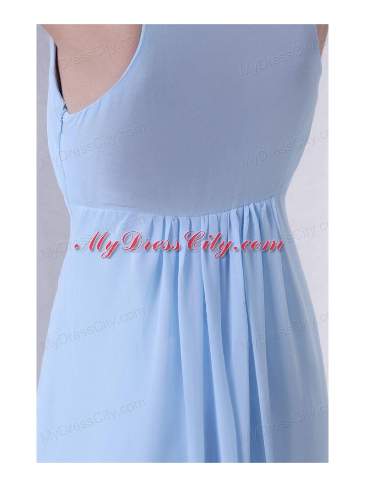 Cheap Empire V-neck Light Blue Prom Dress with Ruching