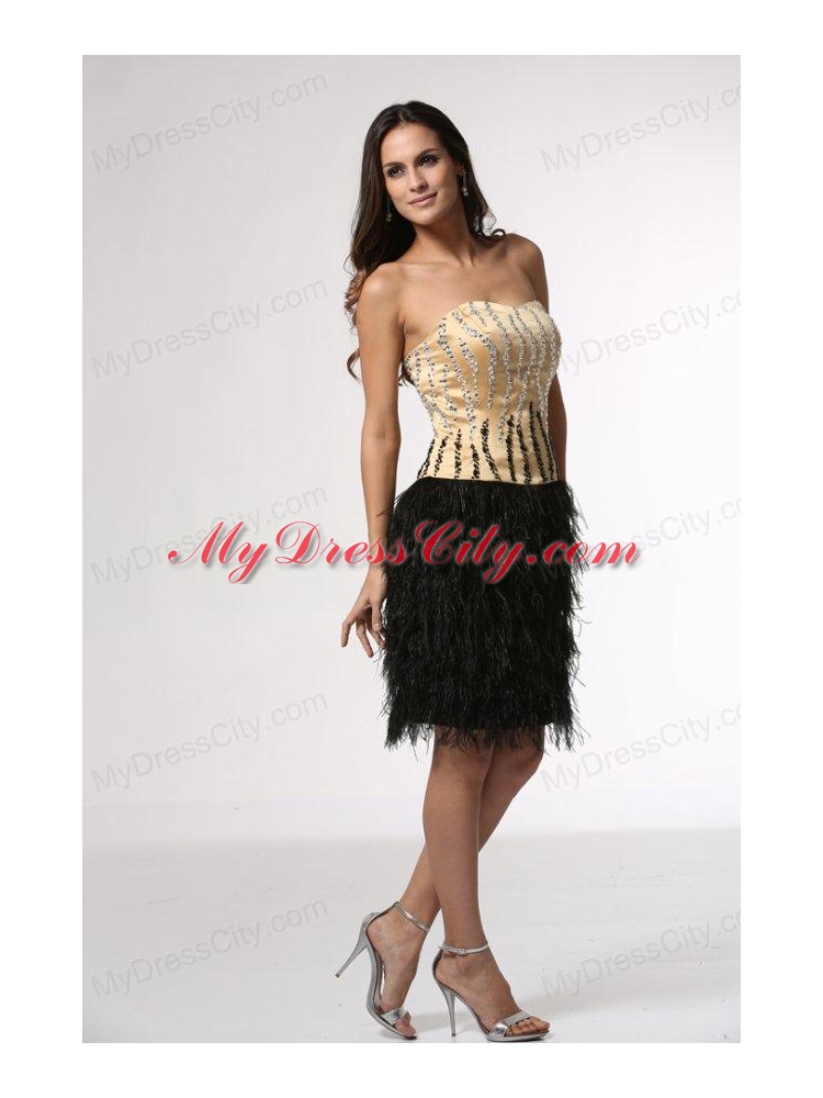 Column Champagne and Black Strapless Feather Beading Satin Prom Dress