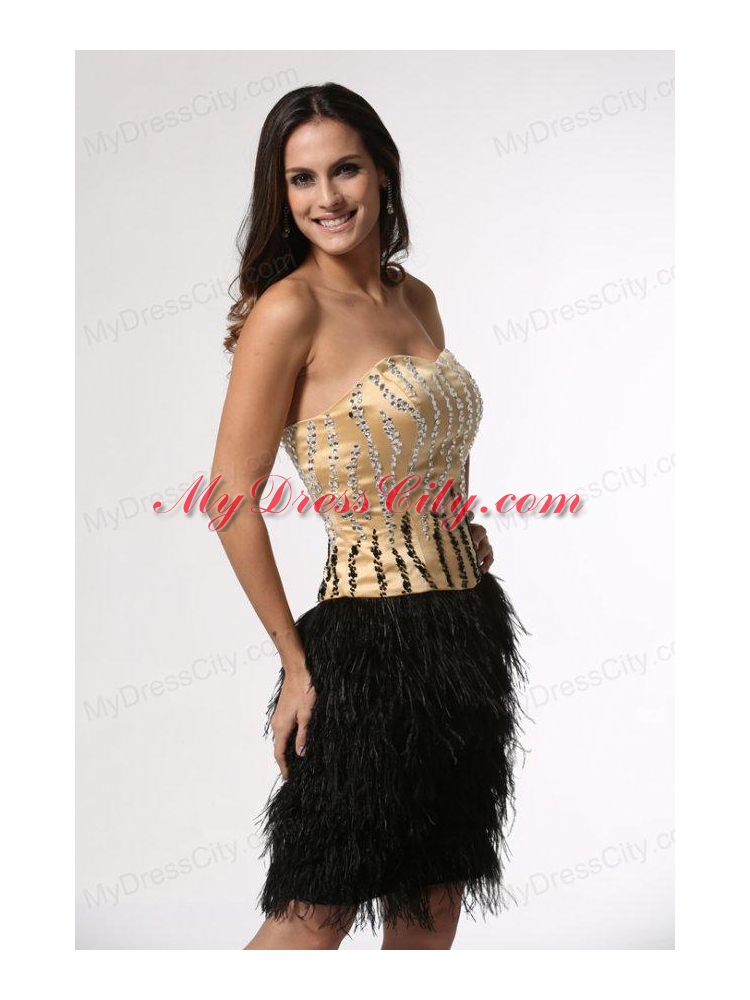 Column Champagne and Black Strapless Feather Beading Satin Prom Dress