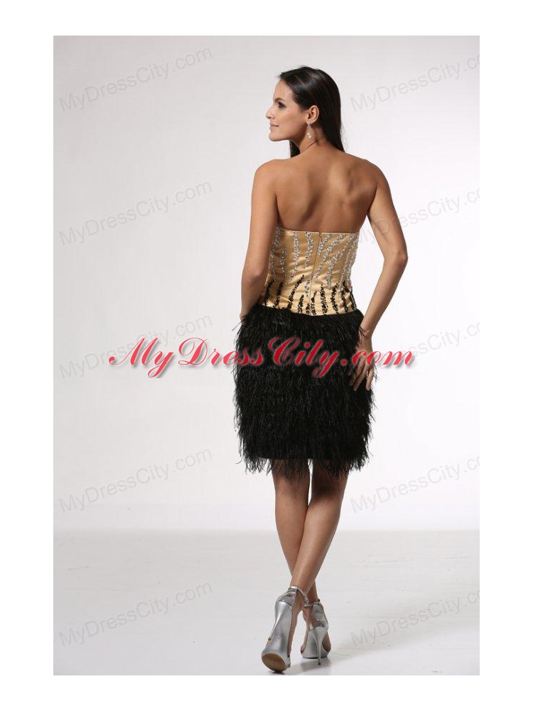 Column Champagne and Black Strapless Feather Beading Satin Prom Dress