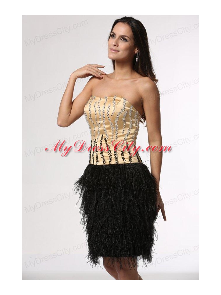 Column Champagne and Black Strapless Feather Beading Satin Prom Dress