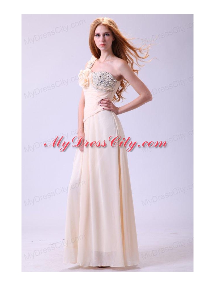 Column One Shoulder Beading Chiffon Long Champagne Prom Dress