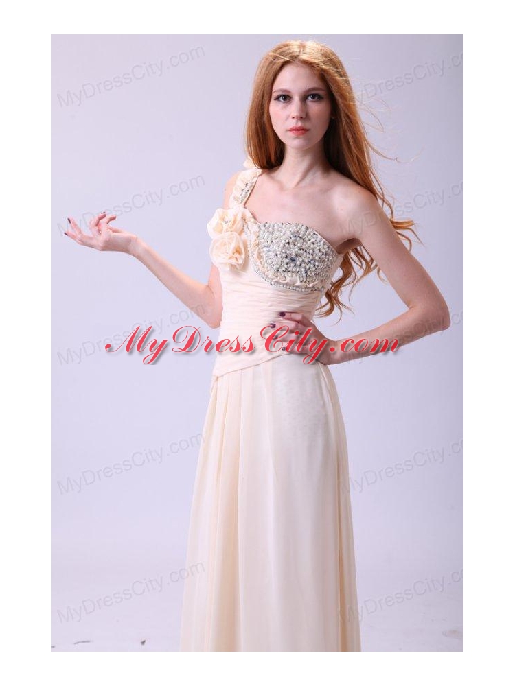 Column One Shoulder Beading Chiffon Long Champagne Prom Dress