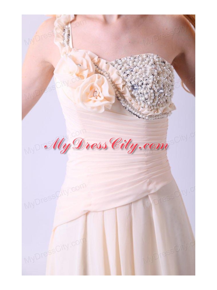 Column One Shoulder Beading Chiffon Long Champagne Prom Dress