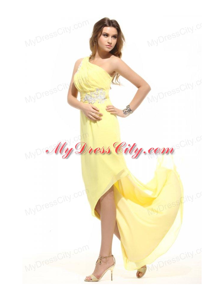 Column One Shoulder Light Yellow Appliques Ruching Prom Dress