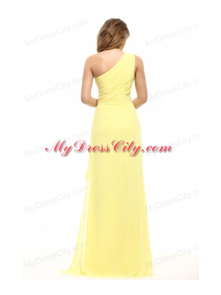 Column One Shoulder Light Yellow Appliques Ruching Prom Dress