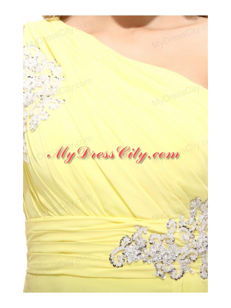 Column One Shoulder Light Yellow Appliques Ruching Prom Dress