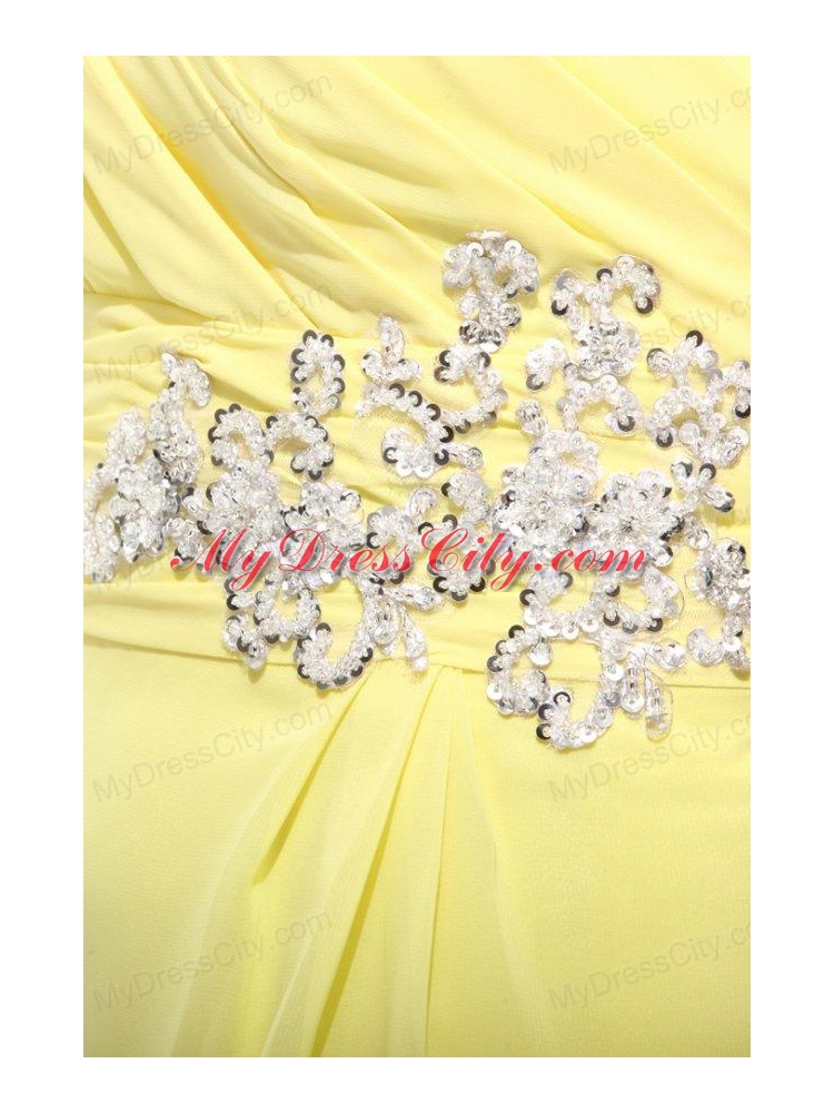 Column One Shoulder Light Yellow Appliques Ruching Prom Dress