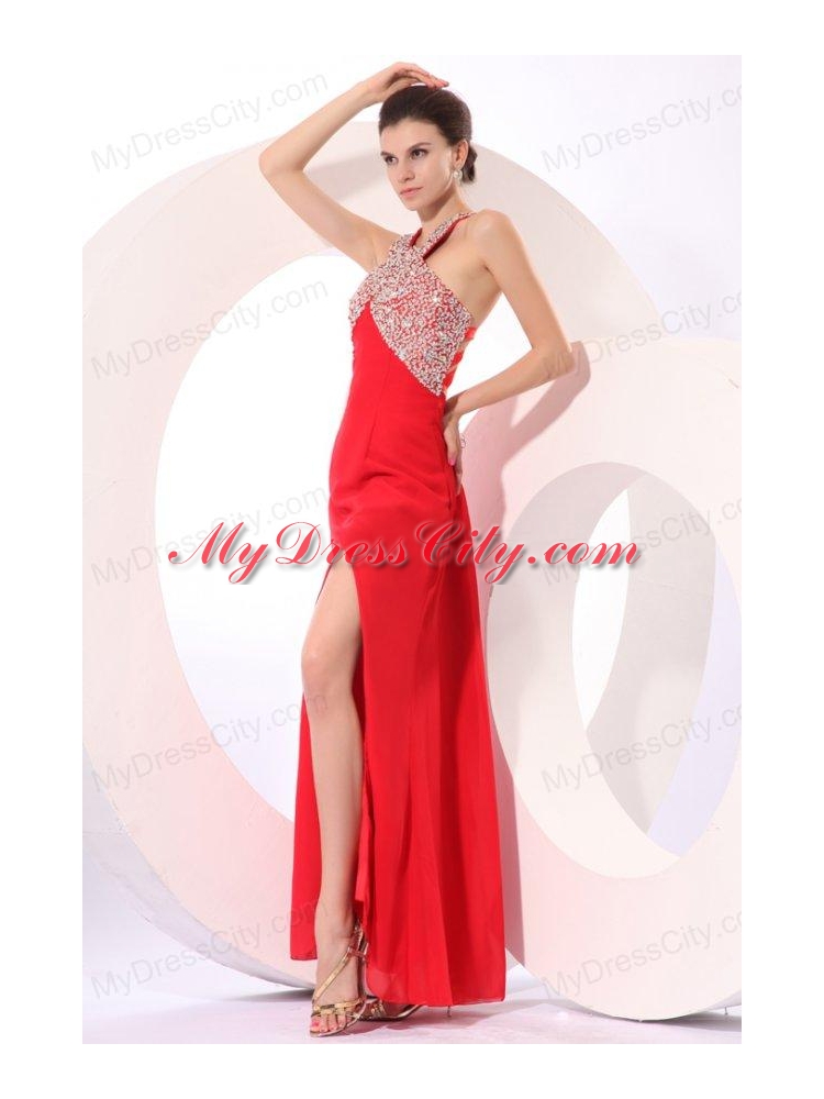 Column Red Halter Beading Chiffon Prom Dress with Criss Cross