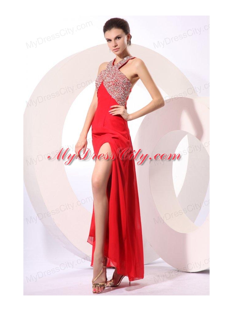 Column Red Halter Beading Chiffon Prom Dress with Criss Cross