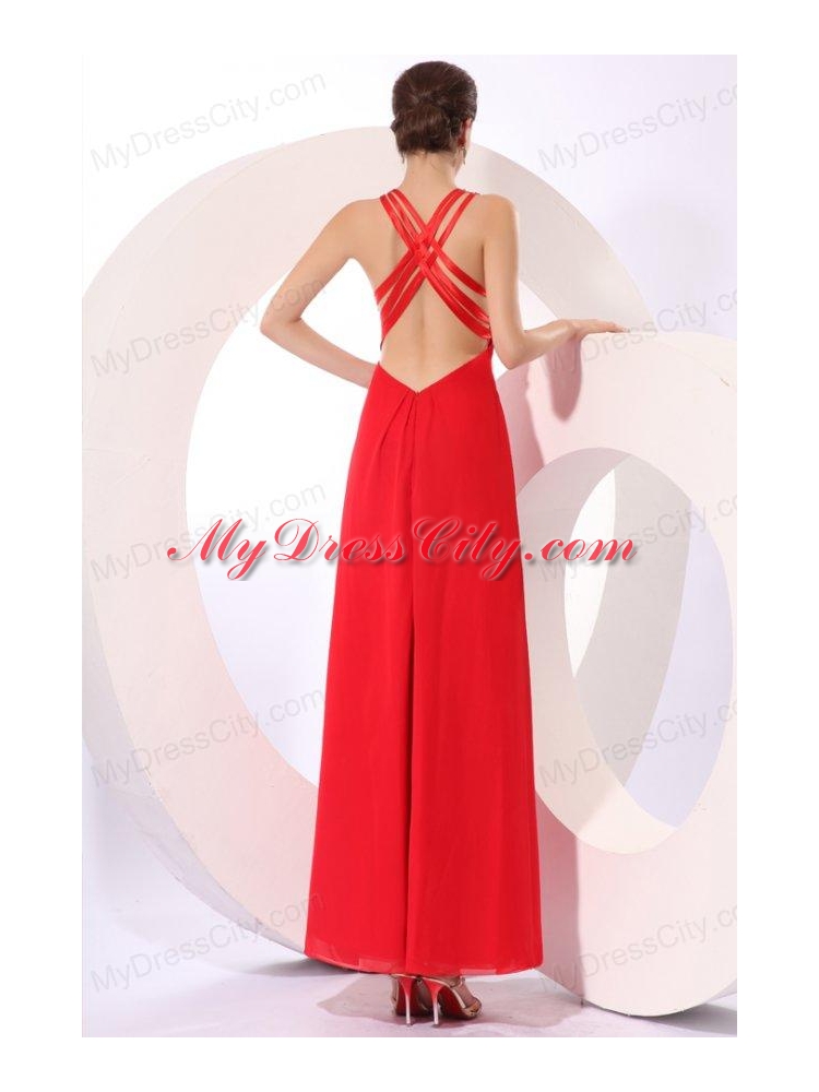 Column Red Halter Beading Chiffon Prom Dress with Criss Cross