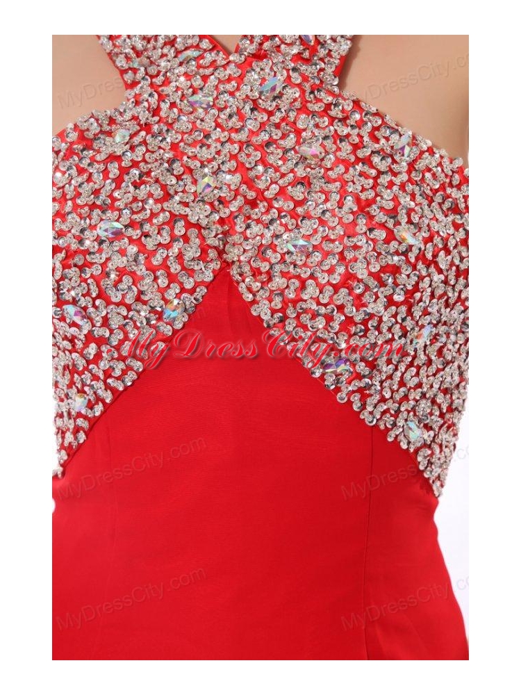 Column Red Halter Beading Chiffon Prom Dress with Criss Cross