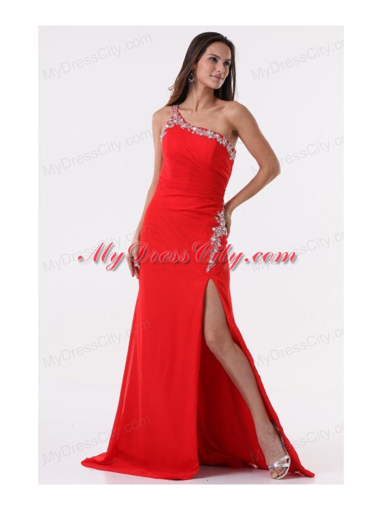 Column Red One Shoulder Beading High Slit Prom Dress