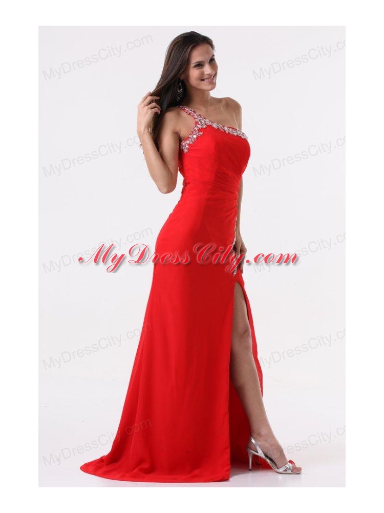 Column Red One Shoulder Beading High Slit Prom Dress