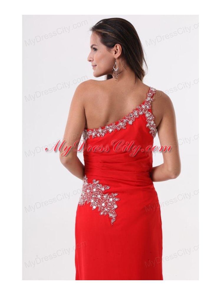 Column Red One Shoulder Beading High Slit Prom Dress