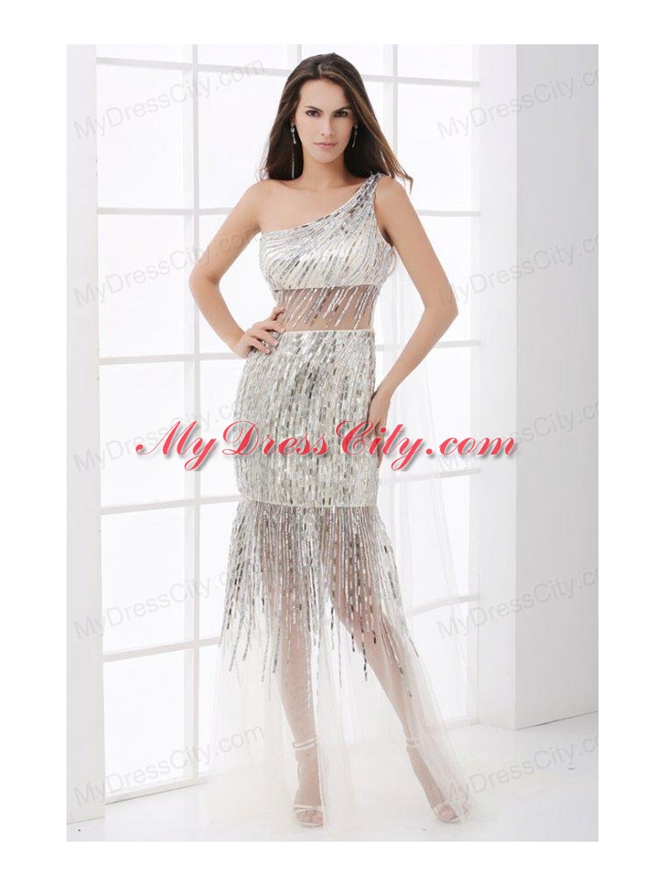 Column Silver One Shoulder Sequin Floor-length Prom Dress