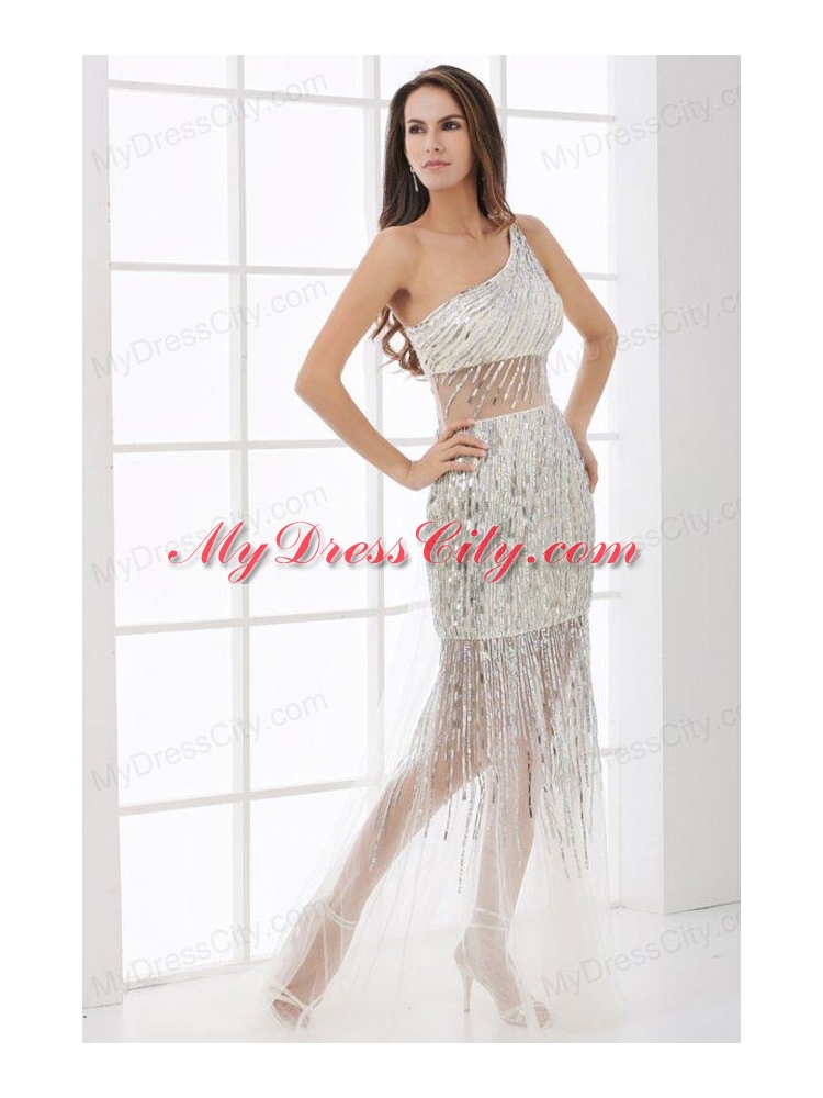 Column Silver One Shoulder Sequin Floor-length Prom Dress