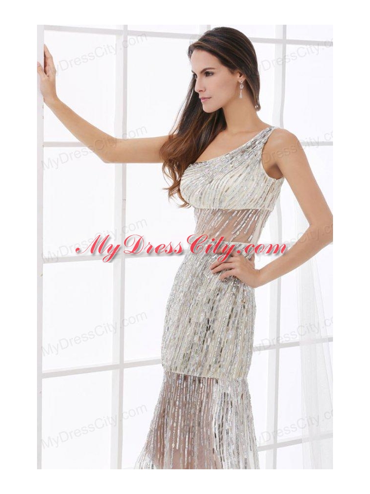 Column Silver One Shoulder Sequin Floor-length Prom Dress